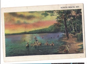 People In the Water at Sunset NORTH BEACH Maryland  MD Postcard Linen 1939 - Picture 1 of 2