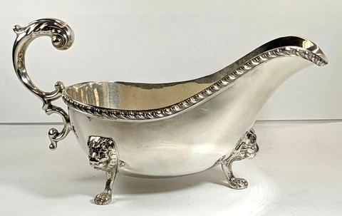 Vintage 1949 Birks Sterling Silver Lion Head Large Gravy Boat Sauce Boat Cover