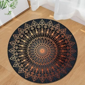 Boho Mandala Round Rug - Black and Gold Gradient Floor Mat for Modern Decor - Picture 1 of 10