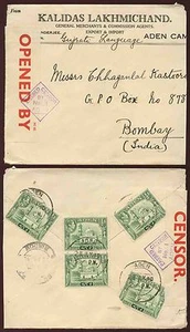 ADEN to INDIA WW2 CENSOR No.1 PRINTED ENVELOPE LAKHMICHAND 1/2A x 5 FRANKING - Picture 1 of 1