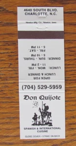 DON QUIJOTE LITERARISCHE FIGUR STREICHHOLZBUCHHÜLLE: CHARLOTTE NC LEERES STREICHHOLZCOVER C4 - Bild 1 von 1