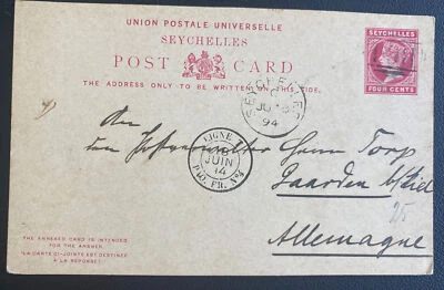Cubierta de papelería postal Seychelles 1894 para Kiel Germnay Ligne T Paqueboat Foto 1 de 2