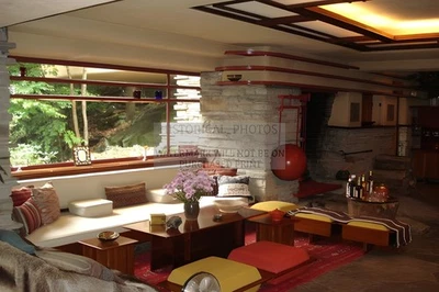 FALLING WATER HOUSE LIVING ROOM DESIGNED FRANK LLOYD WRIGHT 4X6 STICKER - Image 1 of 4