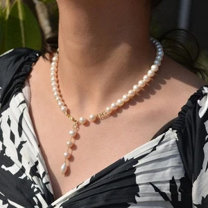 Pearl Necklace: Beaded necklace, 6mm Roundel Freshwater Pearls beads, bridesmaid - Picture 1 of 8