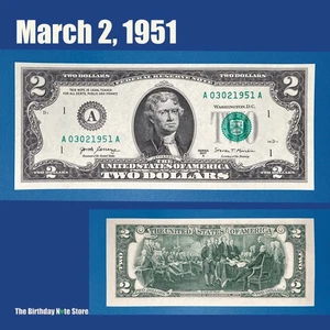 March 2, 1951 Birthday Anniversary $2 Two Dollar Bill Serial Number 03021951 - Picture 1 of 2