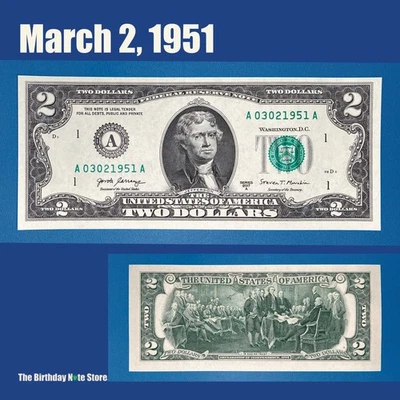 March 2, 1951 Birthday Anniversary $2 Two Dollar Bill Serial Number 03021951 - Image 1 of 2