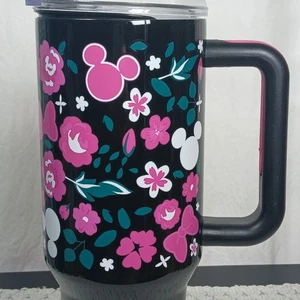 Disney Schwarz & Pink Mickey & Minnie Mouse Blumenmuster 40 Unzen Edelstahl Becher Tasse - Bild 1 von 14