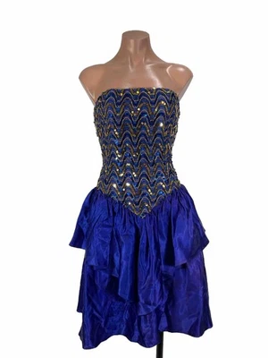 Vintage 80s Blue Gold Iridescent Sequin Tiered Satin Prom party DRESS SZ 8 - Image 1 of 4