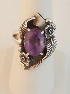 Ovaler Amethyst Sterling Silber Ring Handwerk Blätter Gr. 8 - Bild 1 von 10