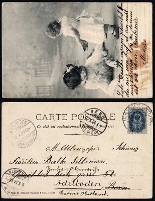 Postal de 1904, niña con perro, Rusia a Suiza, azul 10k, Adelboden Foto 1 de 3