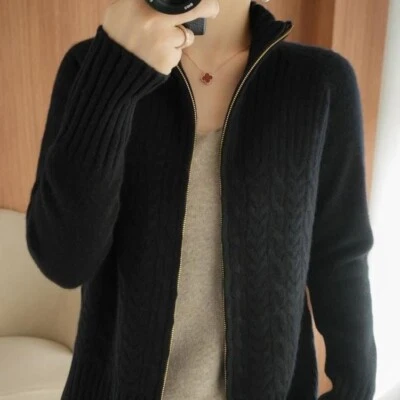Cashmere Sweater Women's Turtleneck Zipper Knitted Cardigan Slouchy Loose Jumper - Image 1 of 4