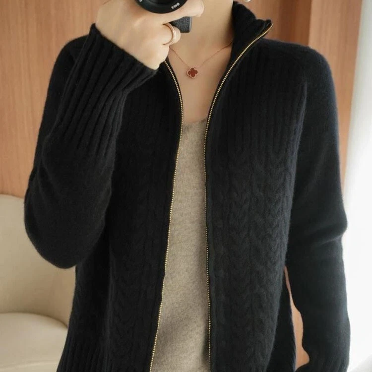 Women's Turtleneck Zipper Cashmere Knitted Cardigan Slouchy Loose Jumper Sweater - Image 1 of 4