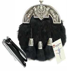 Schottischer Kilt schwarz Kaninchen Vollkleid Sporran Antik Emaille Distel Cantel - Bild 1 von 8