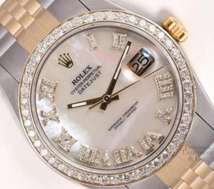 Rolex Mens Datejust TT 18k/SS Watch-Diamond Bezel-White MOP Diamond Roman Dial - Picture 1 of 6