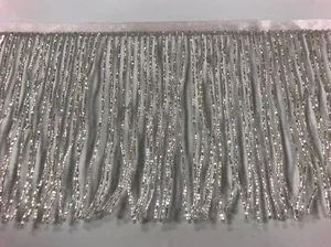 By the Yard-6" Glass SILVER/BUGLE Seed Beaded Fringe Lamp Costume Trim Crafts - Picture 1 of 3
