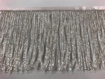 By the Yard-6" Glass SILVER/BUGLE Seed Beaded Fringe Lamp Costume Trim Crafts - Image 1 of 3