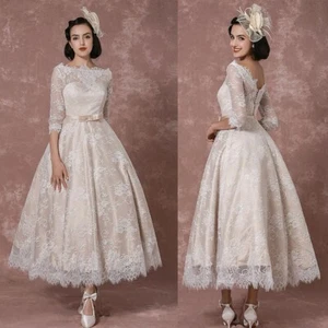 Vintage Champagne A Line Lace Wedding Dress Half Sleeve Tea Length Retro Country - Picture 1 of 11