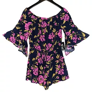 NWT Express Floral Gauzy Romper Bell Sleeve Shorts Size Medium Flutter Stretch - Picture 1 of 8