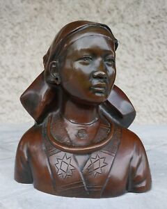Buste Bronze 1940 Femme Hmong signé Dvcam Tonkin Vietnam Indochine Ecole Hanoi