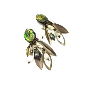 Pair of VTG Boho Abalone Shell Beaded 3" Clip On Earrings Dangle Handmade - Picture 1 of 7