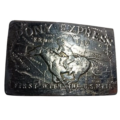 Vintage Belt Buckle 1970's Pony Express Plate 1819 US Mail Lewis Chicago metal - Image 1 of 4