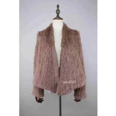 Cárdigan corto informal tejido a mano 100 % piel de conejo real para mujer chaqueta abrigo superior Foto 1 de 4