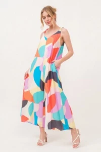 And The Why Tied Shoulder Straps Wide-Leg Geo Print Jumpsuit Artsy Stylish - Picture 1 of 9
