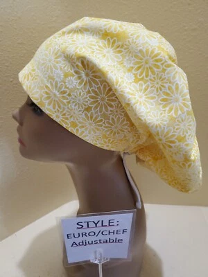 Daisies Variegated (yellow) Women's  Euro/Chef Surgical Scrub Hat/Cap Handmade - Image 1 of 4