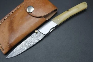 Custom Handmade Damascus Steel Blade Liner Lock Folding Knife | Camel Bone - Picture 1 of 10