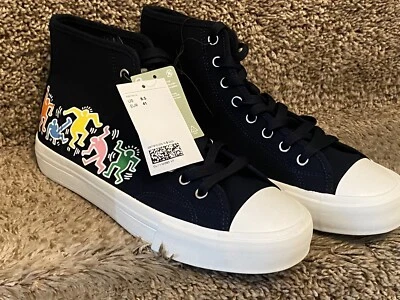 H&M KEITH HARING NAVY CANVAS HIGH TOP SNEAKERS SHOES MEN'S SIZE 8.5 (EUR) 41 - Image 1 of 4