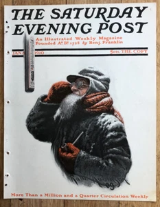 1910 SATURDAY EVENING POST COVER   Old Man & Sub-zero Thermometer  ILLUSTRATION - Picture 1 of 3