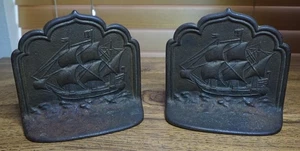 antike um 1900 Gusseisen Buchstützen Mayflower Schiff Maritim Paar 4" x 4" - Bild 1 von 11