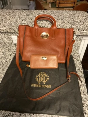 Roberto Cavalli Tan Cognac Leather Handbag &wallet Cheetah Print Interior $2,500 - Image 1 of 4