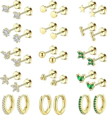 Pendientes hipoalergénicos de acero quirúrgico para orejas sensibles oreja trasera plana de oro de 14K Foto 1 de 4