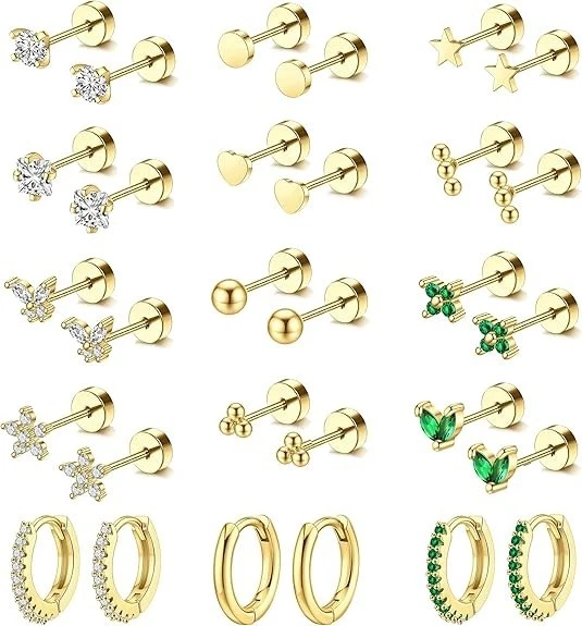 Hypoallergenic Surgical Steel Earrings for Sensitive Ears 14K Gold Flat Back Ear - Image 1 of 4