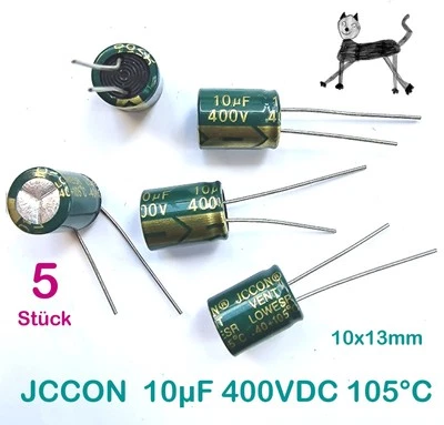 10µF 400V (5 Stück) - 105° - JCCON Hochvolt Elektrolytkondensator - 10 x 13 mm