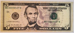 Very Low Serial Number $5 Five Dollar Bill Under 7k MD00006436B Series 2013 - Picture 1 of 2