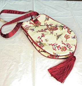 UNIQUE SILK SHANTUNG ASIAN CHERRY BLOSSOM PRINT TASSLE BUTTON CLOSE PURSE BAG - Picture 1 of 9