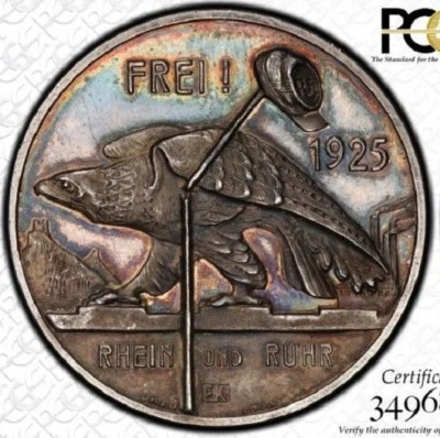 SUPERBLY OLD TONED 2 STAR REVERSE PCGS MS62 1925 RHINE & RUHR MEDAL GERMANY FREE - Image 1 of 3