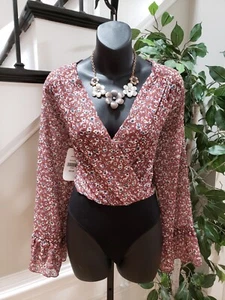 Dress Up Women's Brown Floral 100% Polyester V-Neck Long Sleeve Bodysuit Small - Picture 1 of 11