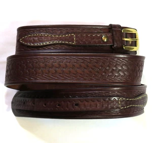Cabela's Leather Belt BASKET WEAVE Brass Buckle Thick Heavy Work Wear Brown 44 - Picture 1 of 12