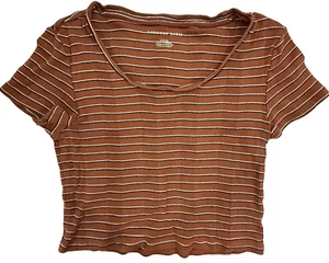 American Eagle Women Crop T-Shirt Rust Striped Short Sleeve Scoop Neck Size S - Picture 1 of 8