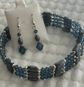 34” Handmade Set Swarovski Crystal Magnetic Hematite Wrap Bracelet Lariat Blue - Picture 1 of 3