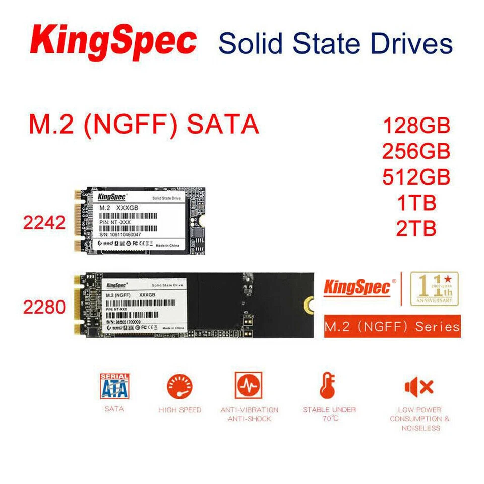 KingSpec 128GB 256GB 512GB 1TB 2TB M.2 NGFF SATA SSD B+M Key Solid State Drives - Bild 1 von 4