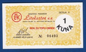 1 Kuna ND 2000's Croatian local note Litokarton Osijek (LTK), bons, coupone ! - Picture 1 of 2