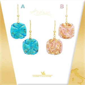 VENETIAURUM Italy 24K & Teal Blue or Pink Murano Glass Dangle Earrings 1 3/4" - Picture 1 of 12