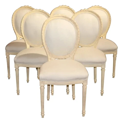 Fine Set of French Creme Painted Louis XVI Cameo Back Carved Dining Chairs Cover