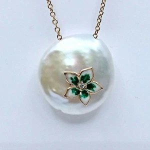 Women's 14k rose gold necklace | mother of pearl flower, enamel & white sapphire - Picture 1 of 7