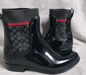 Coach Rivington Signature Logo Knit schwarze Regenstiefeletten zum Überziehen Größe 7 - Bild 1 von 11