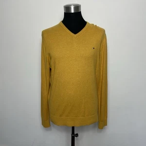 Tommy Hilfiger Mens Prima Cotton Cashmere Mustard Yellow V-Neck Jumper - XL - Picture 1 of 8